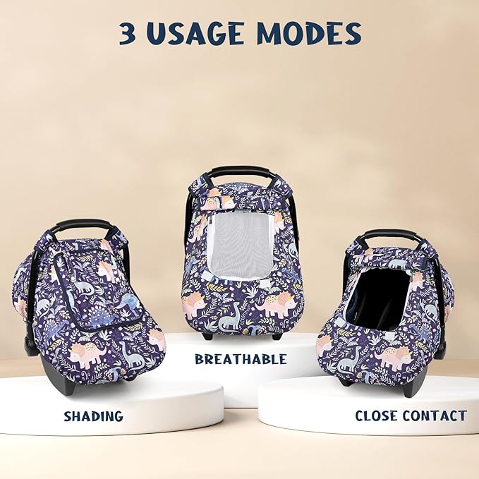 Pea Pod Car Seat Cover Baby, Infant Car Seat Canopy Covers for Newborn with 2 Layers Windows of Breathable Mesh Fabric, Lightweight Polyester/Soft Minky Dot Backing (Dinosaur)-BubblyBeeBaby