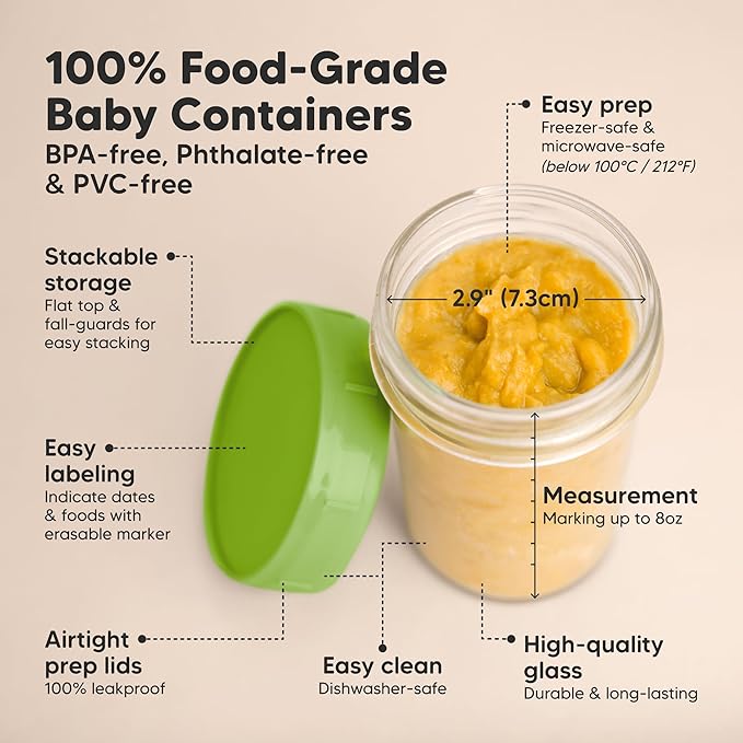 KeaBabies 4pk 8oz Glass Baby Food Containers with Lids - Leak-Proof, Microwavable Small Glass Jars, Baby Purees & Toddler Snack Storage Containers, BPA-Free, Dishwasher & Freezer Safe (Kea)-BubblyBeeBaby