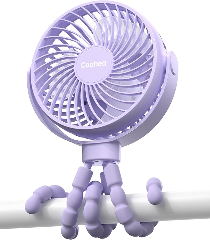Stroller Fan Clip on for Baby, 4000mAh Rechargeable Battery Operated, Flexible Tripod, 3 Wind Speed, 360° Rotatable, Small Portable Fan for Car Seat Crib Backseat Beach Travel Camping, Purple-BubblyBeeBaby