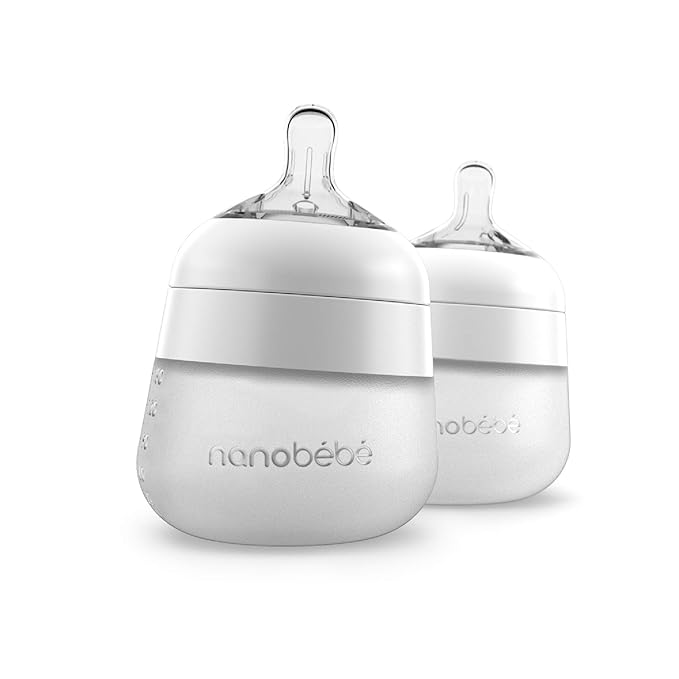 Nanobebe Flexy Silicone Baby Bottle, Anti-Colic, Natural Feel, Non-Collapsing Nipple, Non-Tip Stable Base, Easy to Clean 2-Pack, White, 5 oz-BubblyBeeBaby