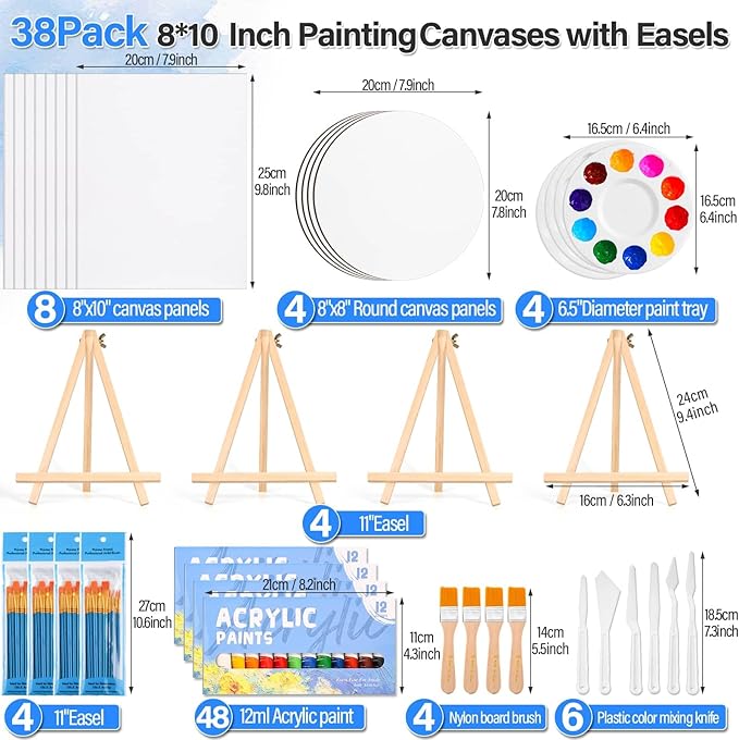 12 Pack 8x10” Canvas Boards and Round Canvas for Painting, Couple Painting Kit with Wood Easel, Acrylic Paint, Paint Brushes Set for Kids Teenagers Adults Date Night Sip and Paint Party-BubblyBeeBaby