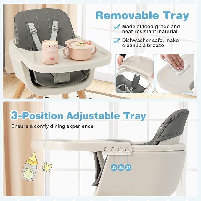 HONEY JOY Baby High Chair, 6-in-1 Eat & Grow Wooden Highchair/Toddler Chair with Removable Tray, 5-Point Harness, PU Cushion and Footrest, Convertible High Chair for Babies and Toddlers(Dark Gray)-BubblyBeeBaby