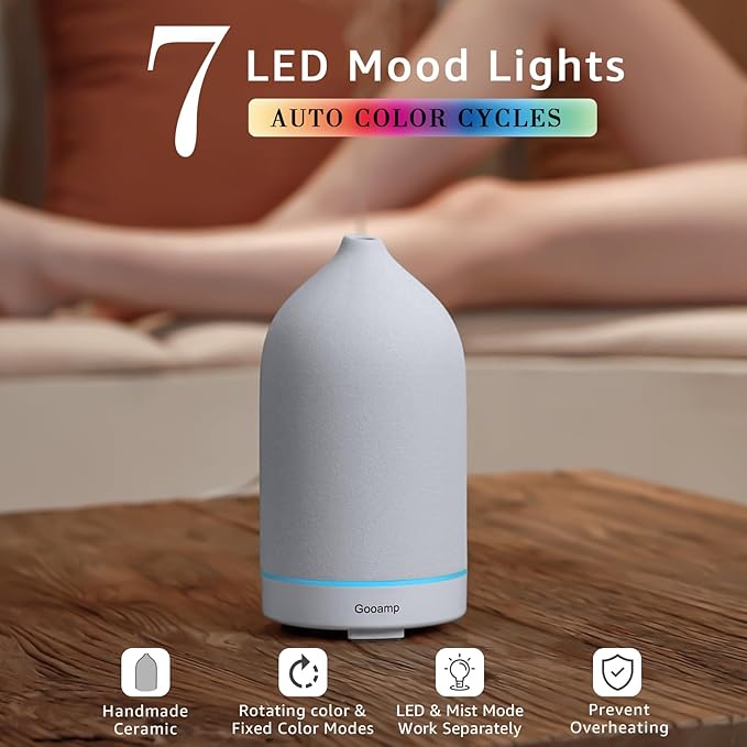 200ML Ceramic Essential Oil Diffuser - Ultrasonic Aromatherapy & Humidifier with 7-Color LED Lights, Auto Shut-Off, White, 1H/3H/6H Timer | Scent for Home,Office,Yoga-BubblyBeeBaby