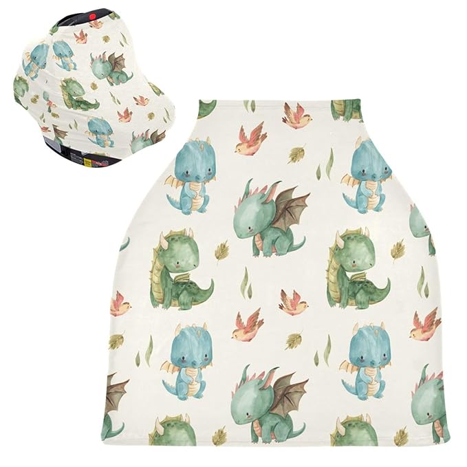 Kigai Cute Dragon Baby Car Seat Covers for Newborn, Breathable Nursing Cover for Breastfeeding Moms, Baby Stroller/Shopping Cart/Stretchy Carseat Cover for Boy & Girl-BubblyBeeBaby