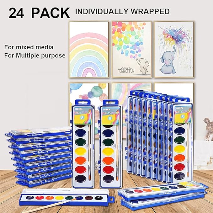 24 Count Watercolor Paints, 8 Colors, Washable, Non-Toxic, Perfect for Kids 3+-BubblyBeeBaby