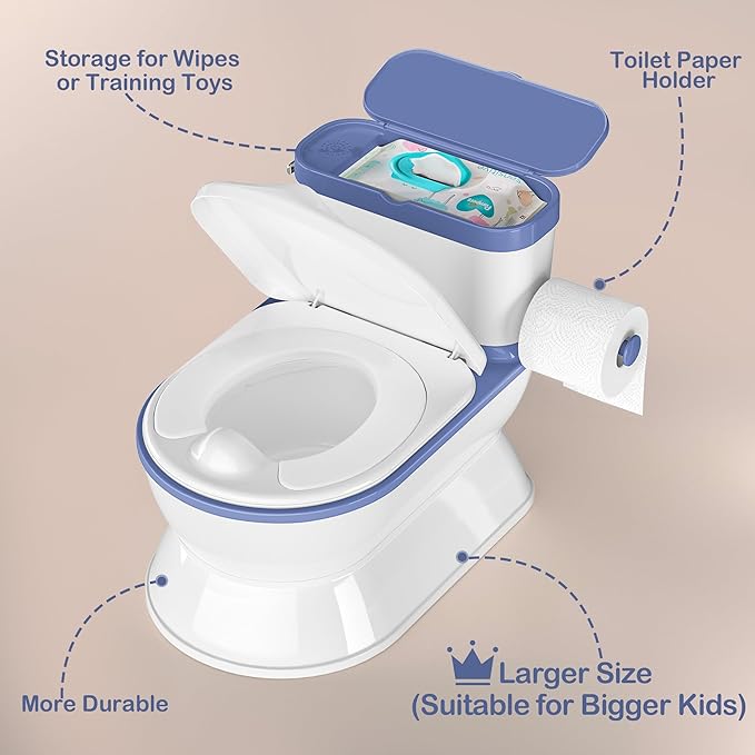 2-in-1 Toddler Potty Training Toilet - Larger Potty Chair & Detachable Training Seat for Boys & Girls Ages 1-3 with Flushing Sound, Wipes Storage, Toilet Paper Holder - Blue-BubblyBeeBaby