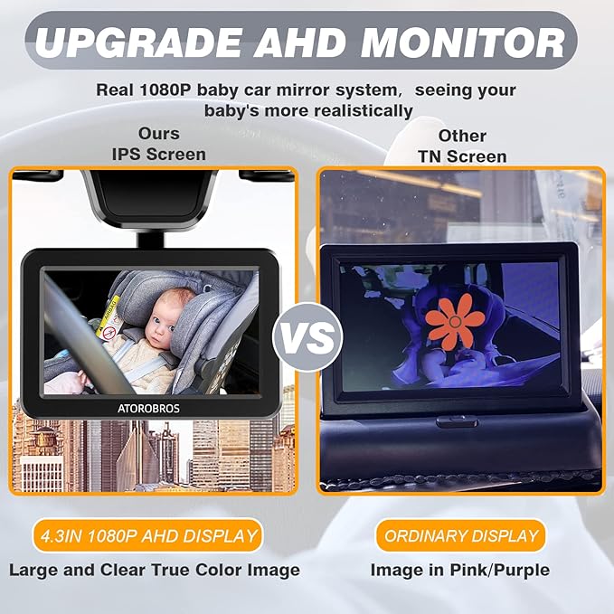 Upgrade AHD 1080P Baby Car Camera for Rear-Facing Seat, 4.3'' Car Back Seat Mirror for Children Infants Kids, 1080P IR Night Vision, Upgrade 360 Rearview Mirror Display Bracket-BubblyBeeBaby