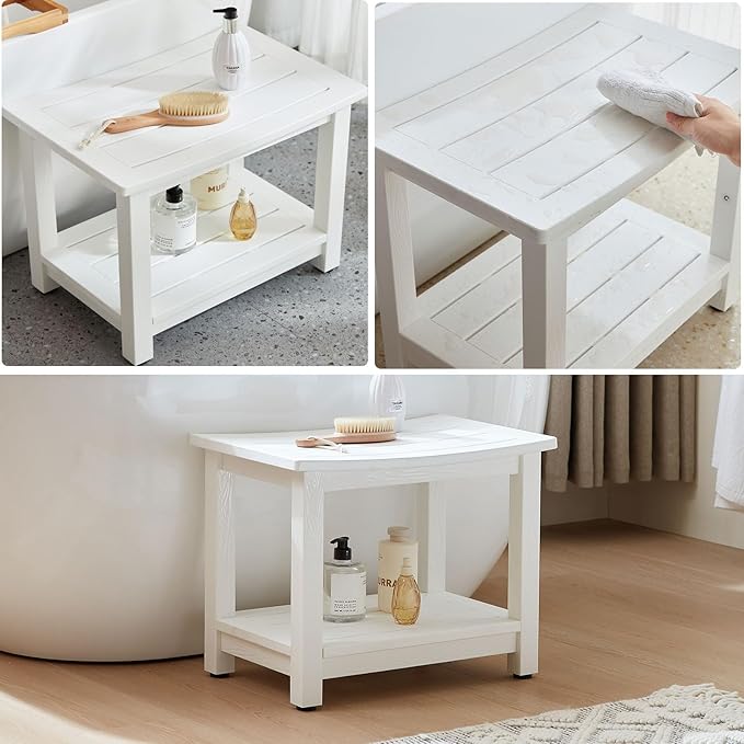 Heavy Duty Shower Bench for Inside Shower, White Poly Bathroom Stool for Shaving Legs or Spa Bath Seat, Waterproof Plastic Bathroom Chair Seat with Adjustable Feet, Non-Slip-BubblyBeeBaby