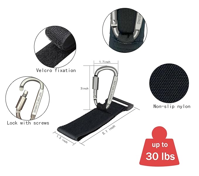 2 Pcs Baby Stroller Hook with Locking Mechanism, Carry 30 lbs per Stroller Carabiner Clip, Adjustable Baby Stroller & Car Seat Hook for Hanging Diaper Bag, Golf, Shopping and Pet Cart-BubblyBeeBaby