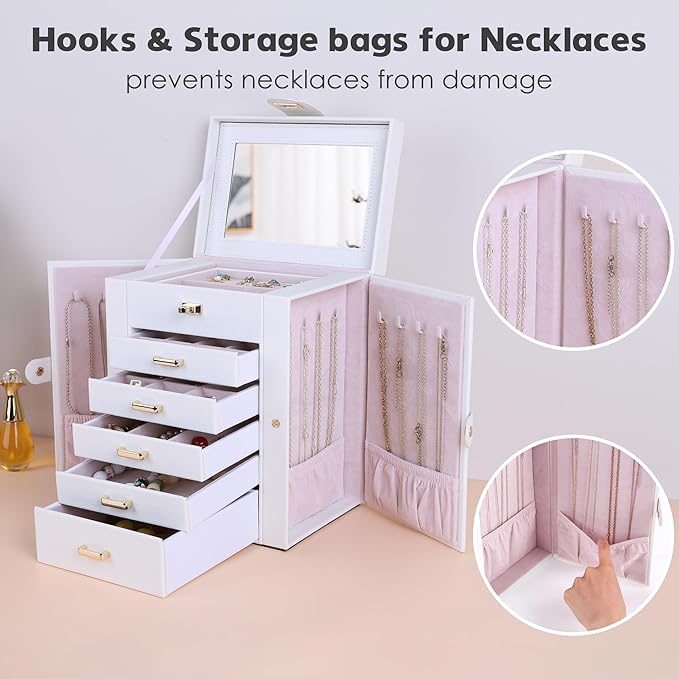 Kendal Jewelry Box, 6-Layer Jewelry Storage Organizer for Necklace Bracelet Rings Watch, 10.2"x8.2"x6" Classic PU Leather 5 Drawers Large Storage Capacity with Mirror-BubblyBeeBaby