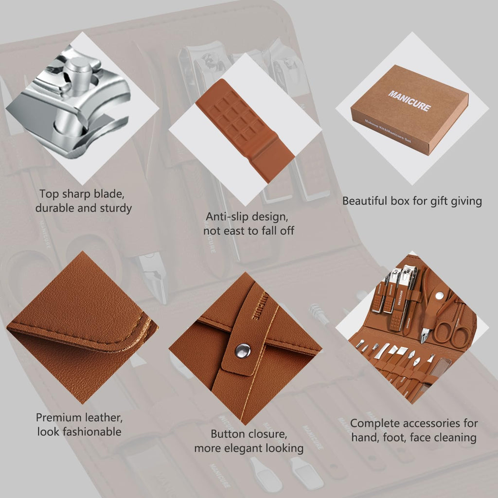 Manicure Set Professional Nail Clippers Pedicure Kit, 16 pcs Stainless Steel Nail Care Tools Grooming Kit with Luxurious Travel Leather Case for Thick Nails Men Women Gift (Brown)