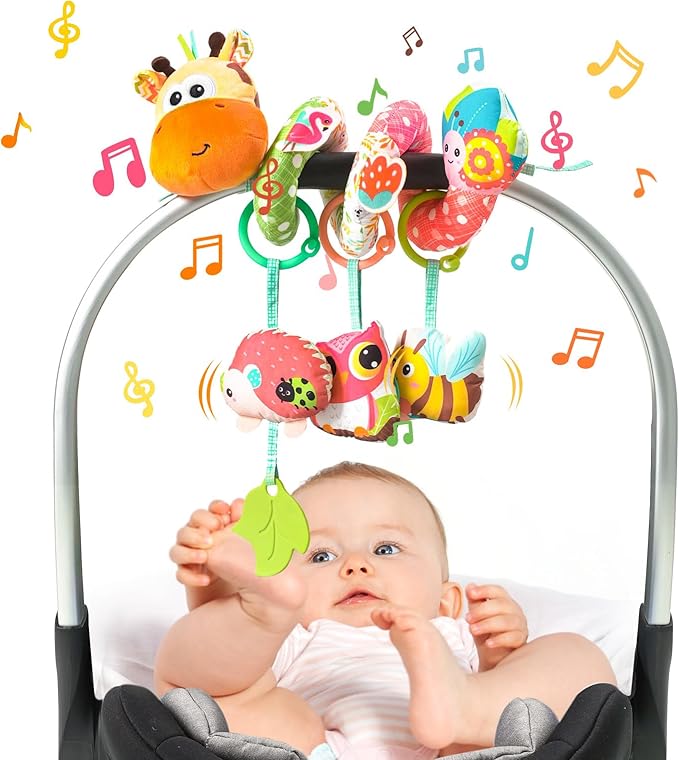 Jollybaby Crib Stroller Car Seat Toys for Baby 0-3-6-9-12 Months, Tummy Time Hanging Sensory Toys for Newborn with Music Box and Teether, Spiral Carseat Toy for Infant Boys Girls Gifts (Yellow)-BubblyBeeBaby