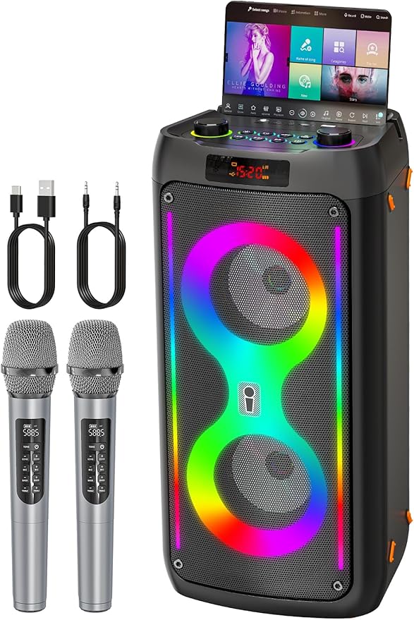 Karaoke Machine for Adults, Portable Bluetooth Speaker with 2 Wireless Microphones, PA System with Disco Lights for Big Party, Outdoor, Supports USB/TF/REC/FM/AUX, Ideal Gifts for Family, Music Lover-BubblyBeeBaby