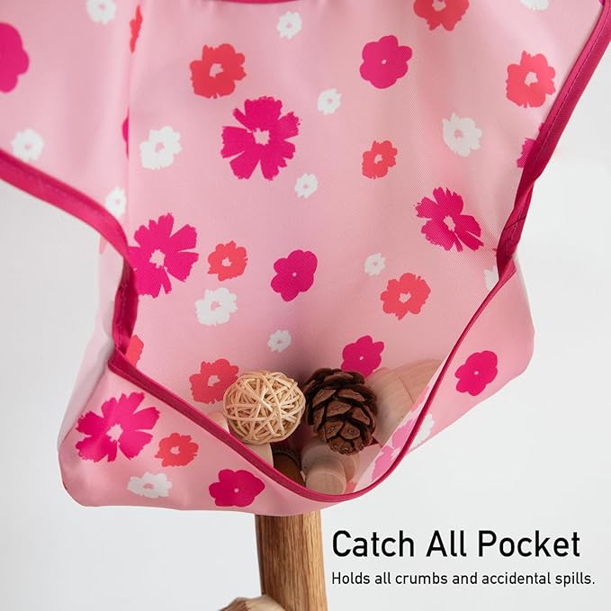 Mess Proof Baby Bib 3 Pack, Waterproof Led Weaning Baby Feeding Bibs with Food Catcher, Travel Feeding Bibs-BubblyBeeBaby