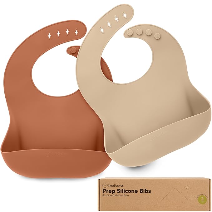 KeaBabies 2-Pack Silicone Baby Bibs for Eating - Sturdy Food-Grade Silicone Bibs for Babies Girl, Boy, Large Food Catcher, Clean & Put On Easily, Waterproof Toddler Feeding Essentials (Terracotta)-BubblyBeeBaby