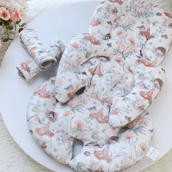 Infant Car Seat Insert, Car Seat Head Support Baby Girls Boys, Soft & Reversible Newborn Carseat Insert Cushion with 2 Strap Covers, for Stroller, Swing, Bouncer (Gray Animals)-BubblyBeeBaby