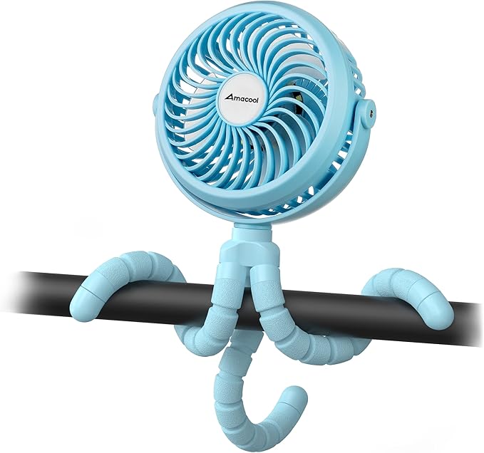 AMACOOL Battery Operated Stroller Fan Flexible Tripod Clip On Fan with 3 Speeds and Rotatable Handheld Personal Fans for Car Seat Crib Bike Treadmill (Blue)-BubblyBeeBaby