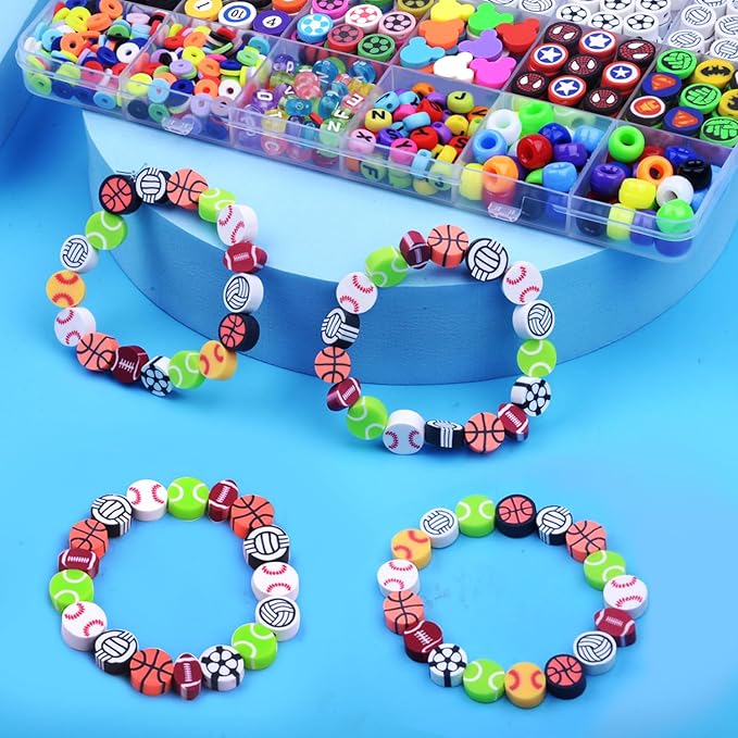 1000PCS Polymer Clay Beads Bracelet Making kit, 24 Style Cute Fun Beads Sports Ball Beads Volleyball Softball Baseball Basketball Soccer Rugby Football Charms for Jewelry Making DIY for Women Girls-BubblyBeeBaby