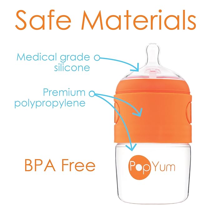 PopYum 5 oz Orange Anti-Colic Formula Making/Mixing/Dispenser Baby Bottles, 3-Pack with #1 Slow Flow Nipples, 150 ml, BPA-Free, Natural Latch-BubblyBeeBaby