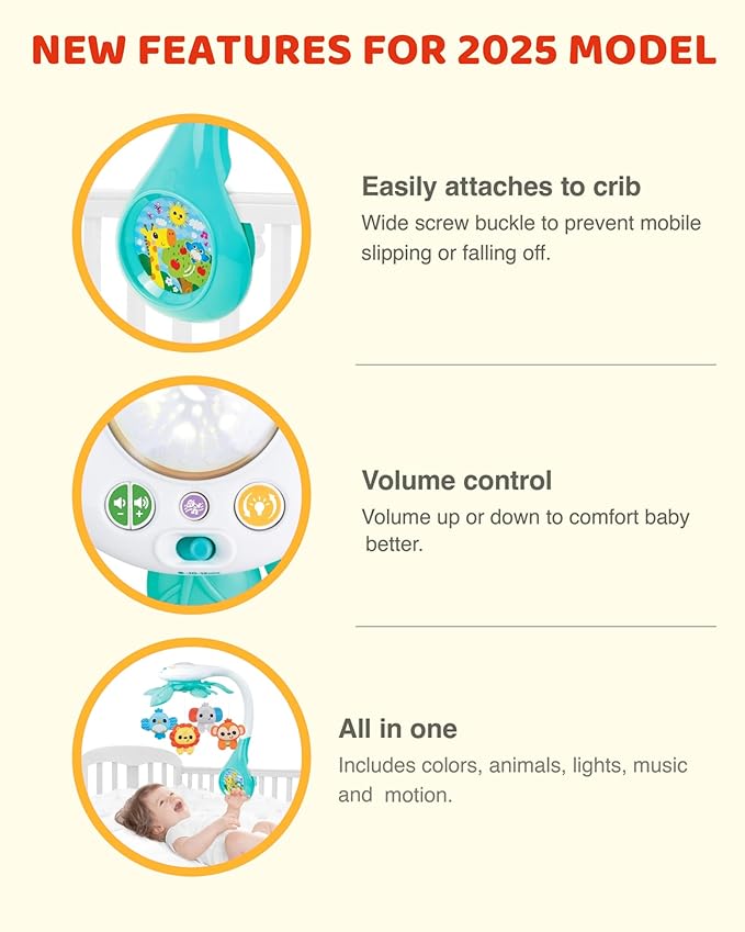 KiddoLab Baby Crib Mobile with Relaxing Music. Includes Ceiling Light Projector with Stars, Animals. Musical Crib Mobile with Timer. Nursery Toys for Babies Ages 0 and Older (New 2025 Model)-BubblyBeeBaby