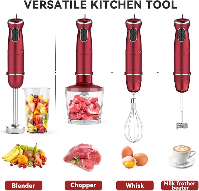 Immersion Blender 5 in 1 Hand Blender, Abuler 1000W Hand Mixer Stick,12 Speed Handheld Blender 304 Stainless Steel with 600ml Mixing Beaker, 500ml Chopper, Whisk and Milk Frother for Soup, Baby Food-BubblyBeeBaby
