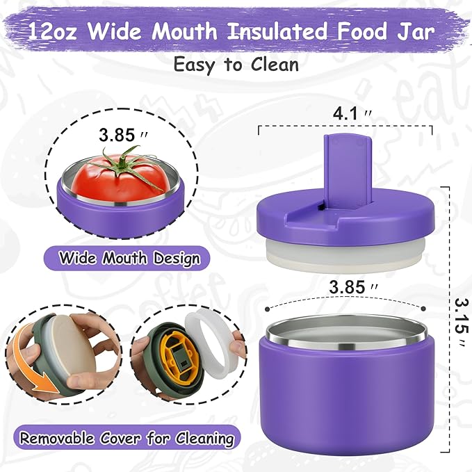 12oz Insulated Vacuum Food Jar with Buckle Lid Wide Mouth Soup Thermo for Hot Food Kids Leakproof Stainless Steel Lunch Container (Purple, 12OZ)-BubblyBeeBaby