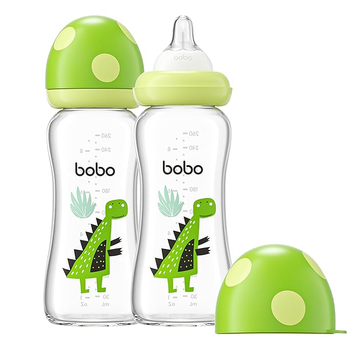 YOHKOH Natural Glass Baby Bottle with Natural Response Nipple, Newborn Anti-Colic Baby Bottles, Wide Neck Mushroom Cap Baby Bottle, Clear (8.8ounce (Pack of 2), Green2)-BubblyBeeBaby
