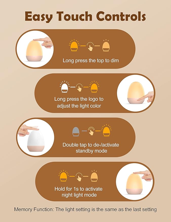 JolyWell Night Lights for Kids with Stable Charging Pad, Touch Control&Timer Setting, ABS+PC Baby Egg Lamp for Breastfeeding，Pink-BubblyBeeBaby