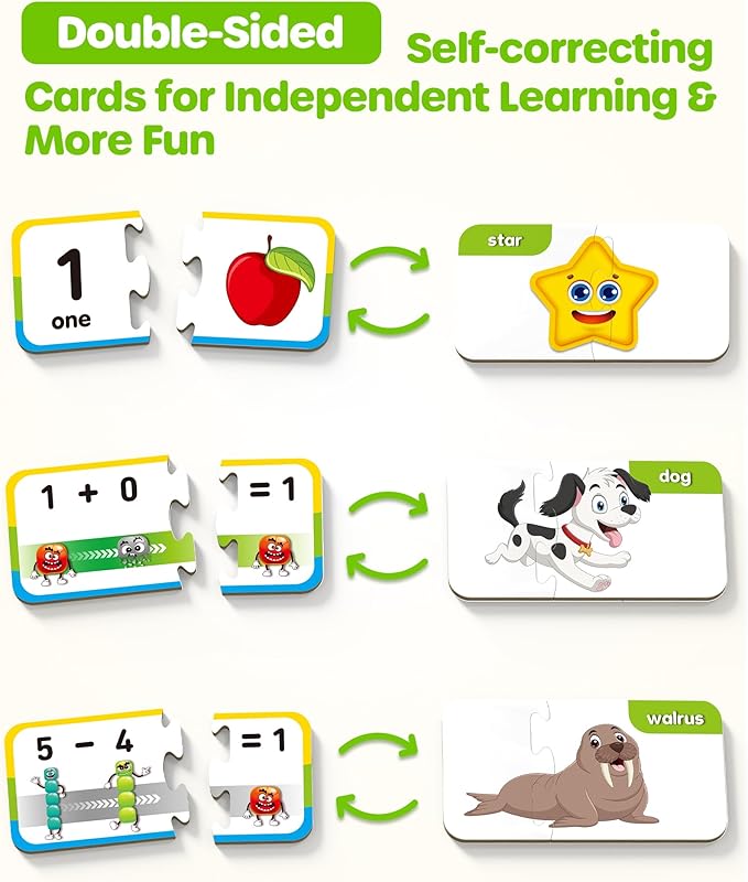 D-FantiX 30 Self-Correcting Number Puzzles, Double-Sided Addition and Subtraction Games, Kindergarten Math Games for Kids, Montessori Math Puzzles Educational Toys Preschool Learning Activities-BubblyBeeBaby