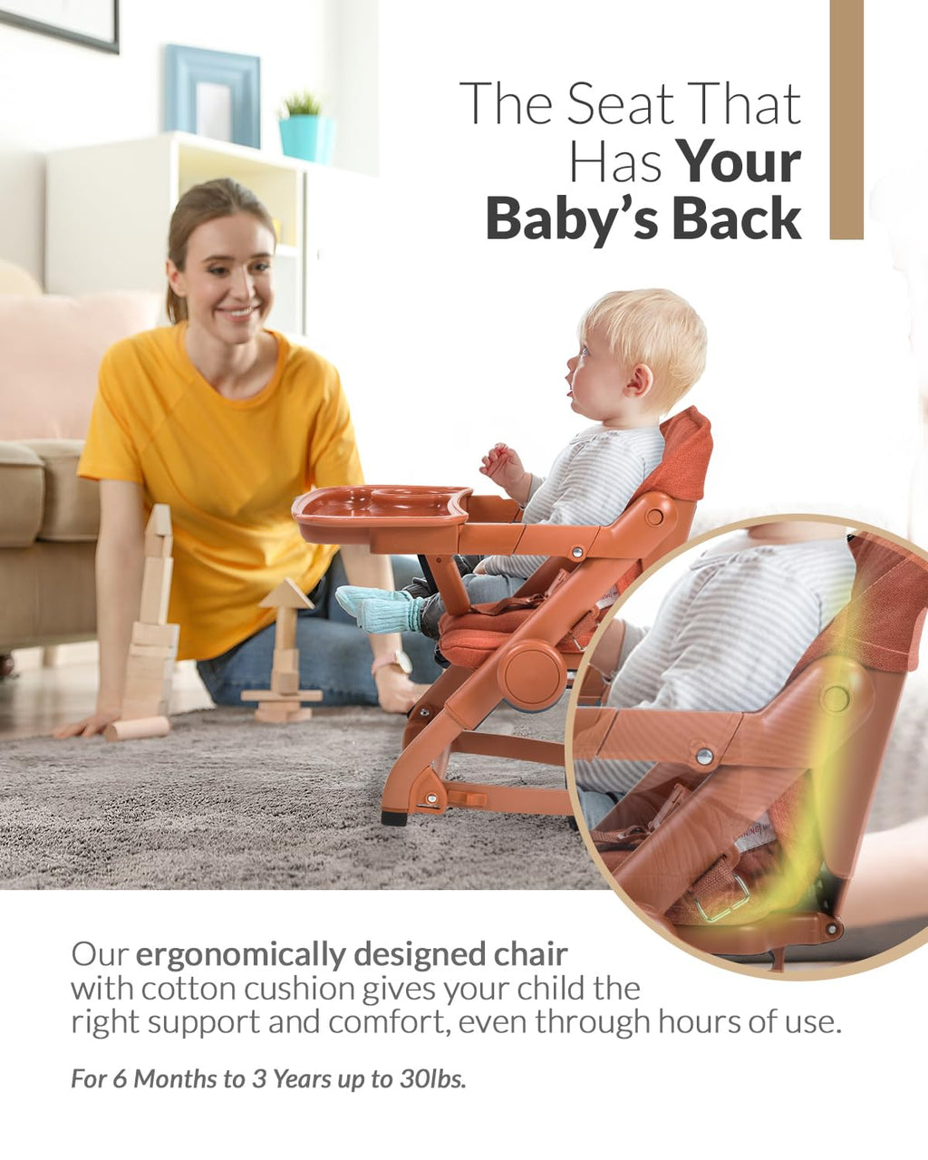 Feed Me 3-in-1 Travel High Chair Booster Seat for Infants and Toddlers - Transitional, Compact & Fits Any Chair, Swivel Tray, Pumpkin Orange