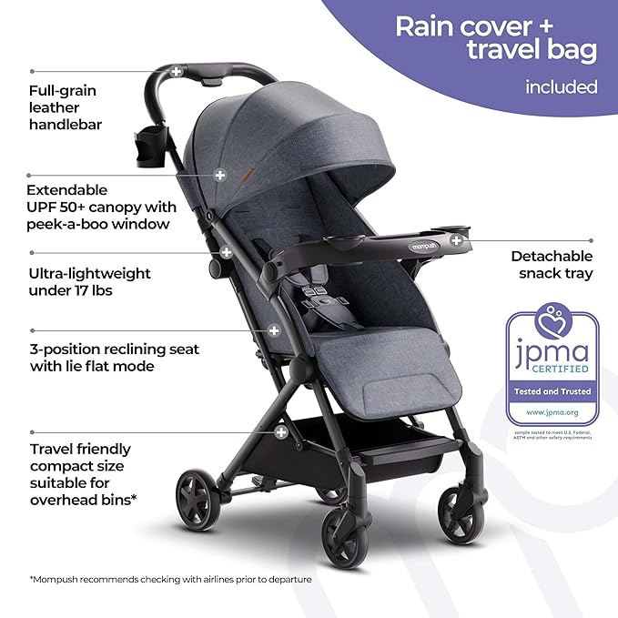 Mompush Lithe V2 Lightweight Travel Stroller, Compact Foldable Baby Stroller with Travel Bag, One-Hand Fold Stroller, Snack Tray, Mechanical Recline Seat, Airplane-Ready, Organizer & Rain Cover-BubblyBeeBaby