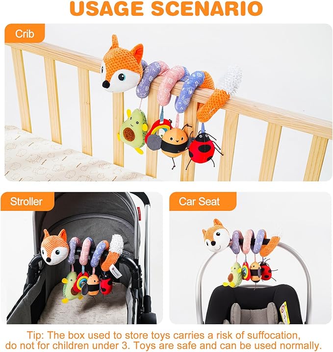 Jollybaby Baby Car Seat Stroller Toys, Plush Activity Hanging Spiral Activity Pram Crib with Music Box, Rattles, Squeaker for Babies Infant Boys Girls(Orange Fox)-BubblyBeeBaby