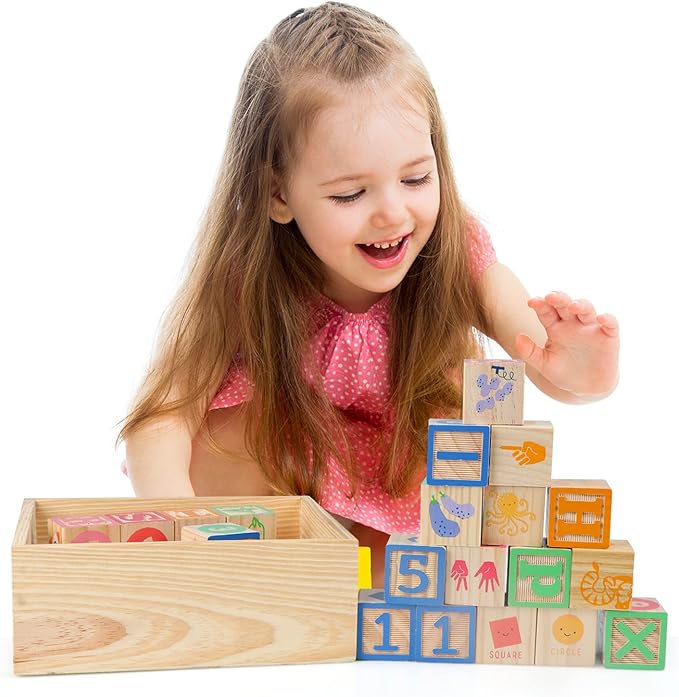 Joqutoys ABC Wooden Building Blocks for Toddlers 3 Large, 40 PCS Alphabet & Number Stacking Blocks with Storage Tray, Montessori Educational Learning Toys for Boys Girls Kids Gifts 1.65"-BubblyBeeBaby