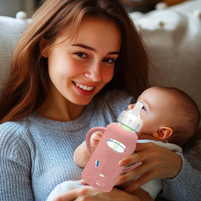 BUSOHA 3 Pack Silicone Sleeves for Dr Brown Glass Baby Bottles - Drop Protection Baby Bottle Sleeves,Compatible with Dr. Brown's Newborn Glass Bottles,with Silicone Handles,8 oz-BubblyBeeBaby