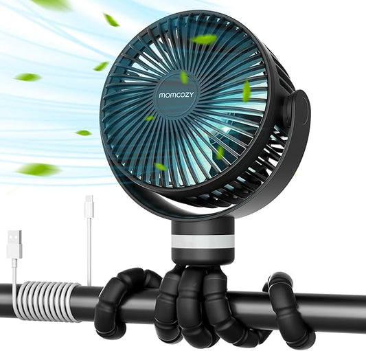 Momcozy 8000mAh Portable Stroller Fan, 27H Ultra-long Life Detachable 4 Speed 360°Rotate LED Night Light with 2 Modes, USB Rechargeable Handheld Cooling Fan for Travel/Bedroom/Car Seat-BubblyBeeBaby