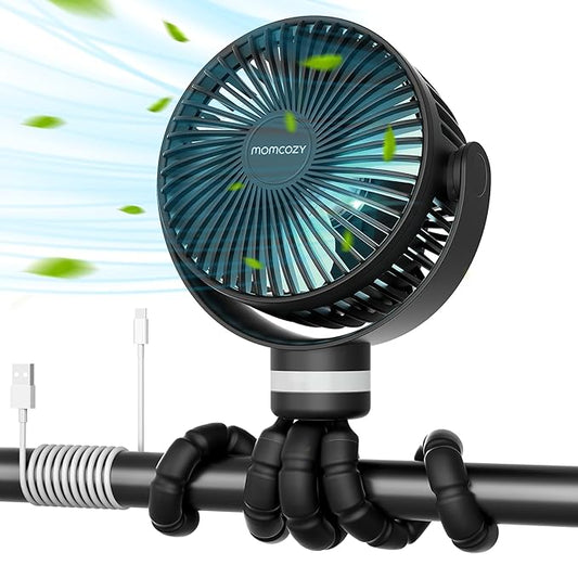 Momcozy Portable Stroller Fan, 8000mAh, 27H Ultra-long Battery Life, Detachable 4 Speed 360°Rotate, LED Night Light with 2 Modes, USB Rechargeable Handheld Cooling Fan for Travel, Car Seat, Bedroom-BubblyBeeBaby