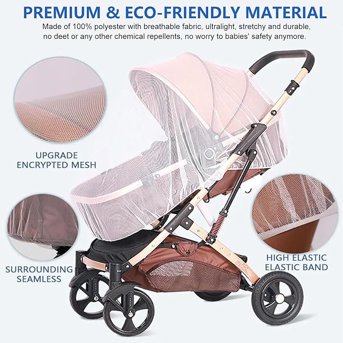 Mosquito Net for Stroller 2Pack - Protective Baby Stroller Mosquito Net - Perfect Bug Netting for Strollers, Bassinets, Cradles, Playards, Pack N Plays and Portable Mini Crib (White)-BubblyBeeBaby