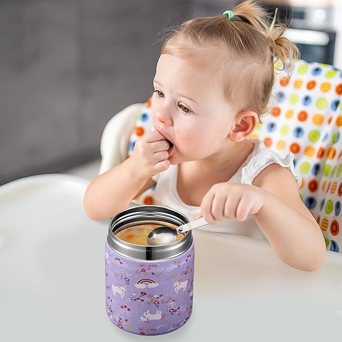 17oz Soup Thermo for Hot Food Kids Insulated Vacuum Food Jar with Stainless Steel Spoon Wide Mouth Thermo Leakproof Lunch Food Container Kids Hot Lunch Box (Purple-Horse)-BubblyBeeBaby