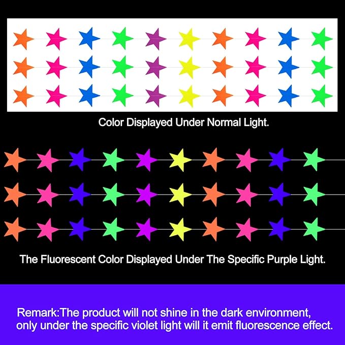 108feet UV Neon Paper Star Garland Glow in The Dark Streamers for neon Party Supplies UV Fluorescent Reactive Paper Star Banner for Wedding Birthday Glow in The Dark Party Favors Neon Party Decor…-BubblyBeeBaby