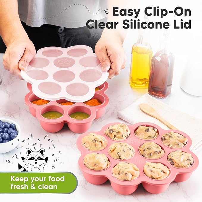 KeaBabies Silicone Food Freezer Trays with Lid, 2oz x 10 Pods Baby Food Storage Containers, Easy Puree Meal Prep, Breast Milk Silicone Freezer Molds, Dishwasher,Microwave Safe,BPA-Free(Blossom)-BubblyBeeBaby