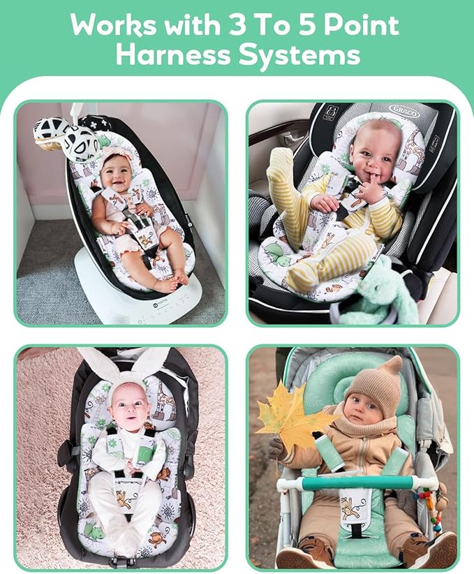 Infant Car Seat Insert, Enlarged Head Support for Baby Carseat, Reversible Newborn Insert with 3 Strap Covers, 2-in-1 Baby Car Seat Cushion for Stroller, Swing, Bouncer, Rocker - Blue Giraffe-BubblyBeeBaby