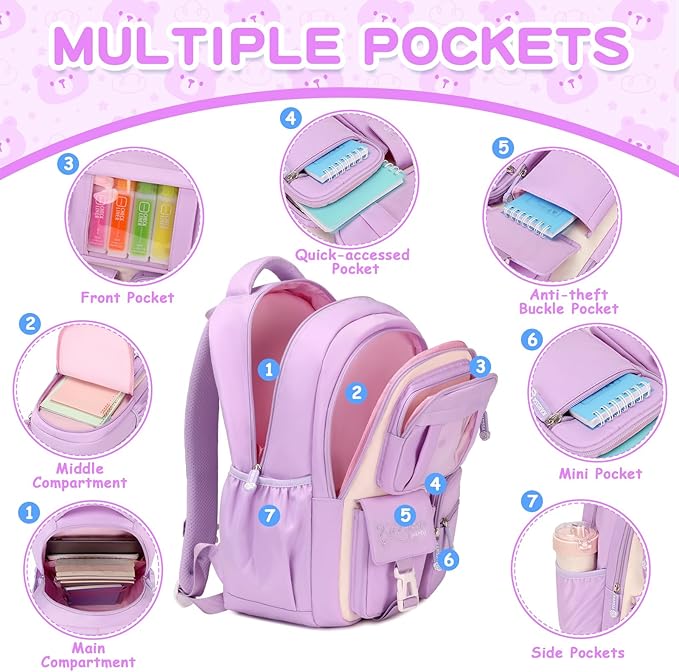 Kids Backpack for Girls School Bags for Middle School Students Book Bag for Elementary Primary Kawaii Ita Backpack, Purple and Beige-BubblyBeeBaby