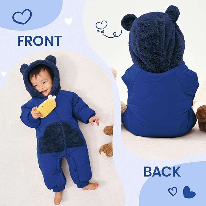 JiAmy Baby Snowsuit Newborn Winter Clothes Coat Romper Windproof Fleece Hat Zipper Baby Bear Outfit-BubblyBeeBaby