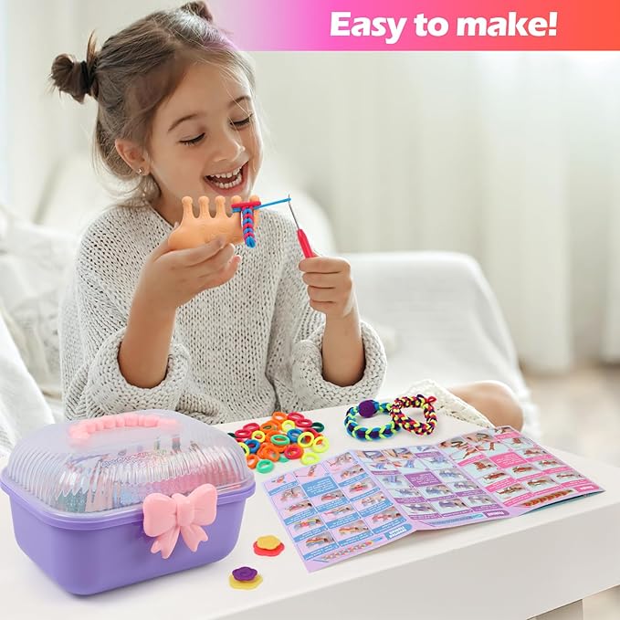 IQBOX Bracelet Making Kit Arts and Crafts for Girls Ages 8-12, Weaving Loom Rainbow Bands DIY Toys Birthday Gifts for Kids 6 7 9 10 11 13 Year Old, 1000+ Elastic Cloth Rubber Band Fabric Loops-BubblyBeeBaby