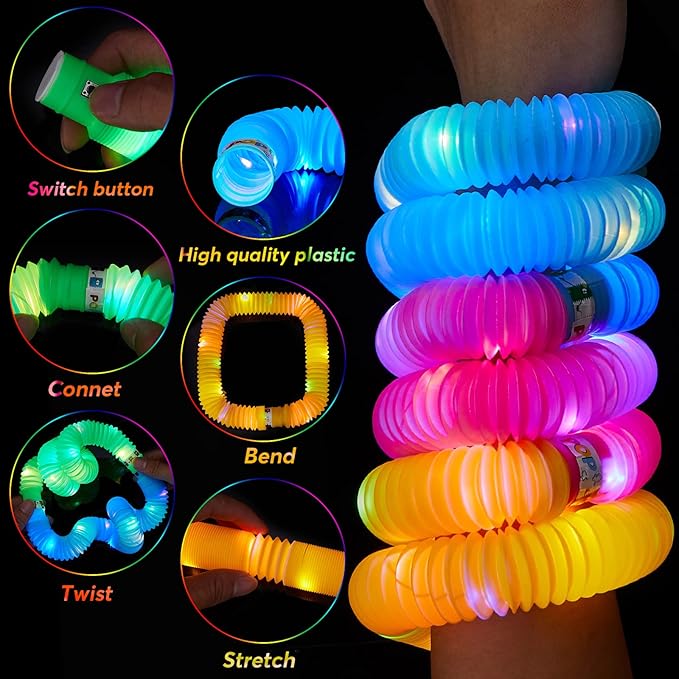 24 PCS LED Pop Tubes, Light Up Glow Tubes, Glow in the Dark Party Supplies, Sensory Toys Birthday Party Favors for Kids, Light Up Toys-BubblyBeeBaby