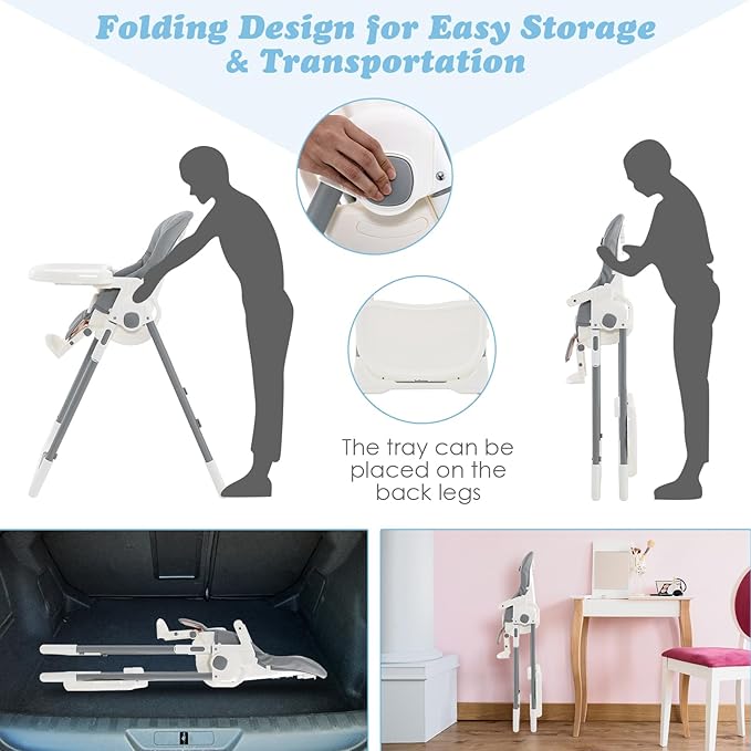 INFANS High Chair for Babies & Toddlers, Foldable Highchair with Multiple Adjustable Backrest Footrest Seat Height, Removable Tray, Detachable PU Leather Cushion, Built-in Rear Wheels (Light Grey)-BubblyBeeBaby