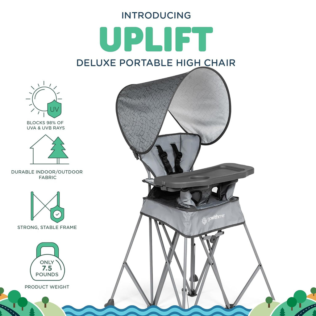 Baby Delight Go with Me Uplift Deluxe Portable High Chair | Travel High Chair | Sun Canopy | Indoor and Outdoor | Elephant Grey