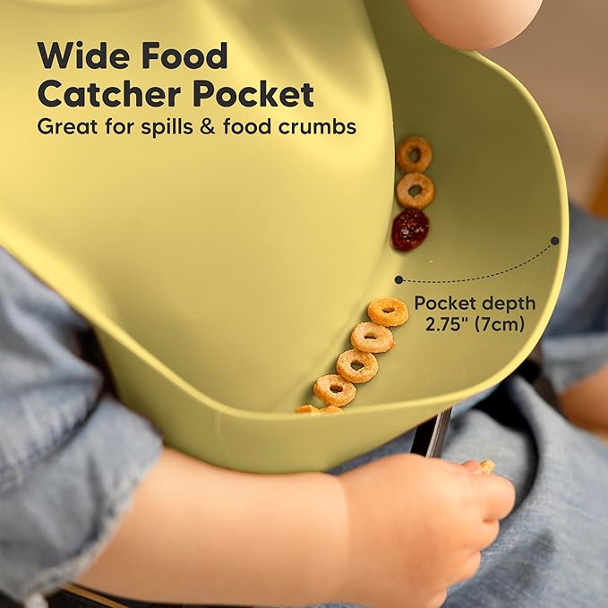 KeaBabies 2-Pack Silicone Baby Bibs for Eating - Sturdy Food-Grade Silicone Bibs for Babies Girl, Boy, Large Food Catcher, Clean & Put On Easily, Waterproof Toddler Feeding Essentials (Olives)-BubblyBeeBaby