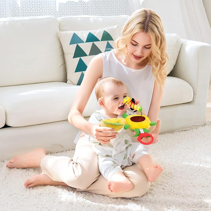 Jollybaby Newborn Plush Stuffed Fruit Rattle Toy for Stroller Car Seat Crib, Montessori Sensory Plush Pineapple Toy with Rattle and Mirro Toy for Baby 0-6-12 Month, Infant Baby Boy & Girl Shower Gift-BubblyBeeBaby