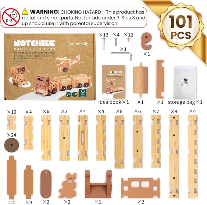 Jovi-mindly＆Notchies Wooden Blocks Train Set 101 PCS Create 40+ Shapes,Toys Educational Wooden Building Blocks Puzzles for Kids Ages 5-8 Boys and Girls,Truck/Excavator,FSC Certified,Graduate Gifts-BubblyBeeBaby